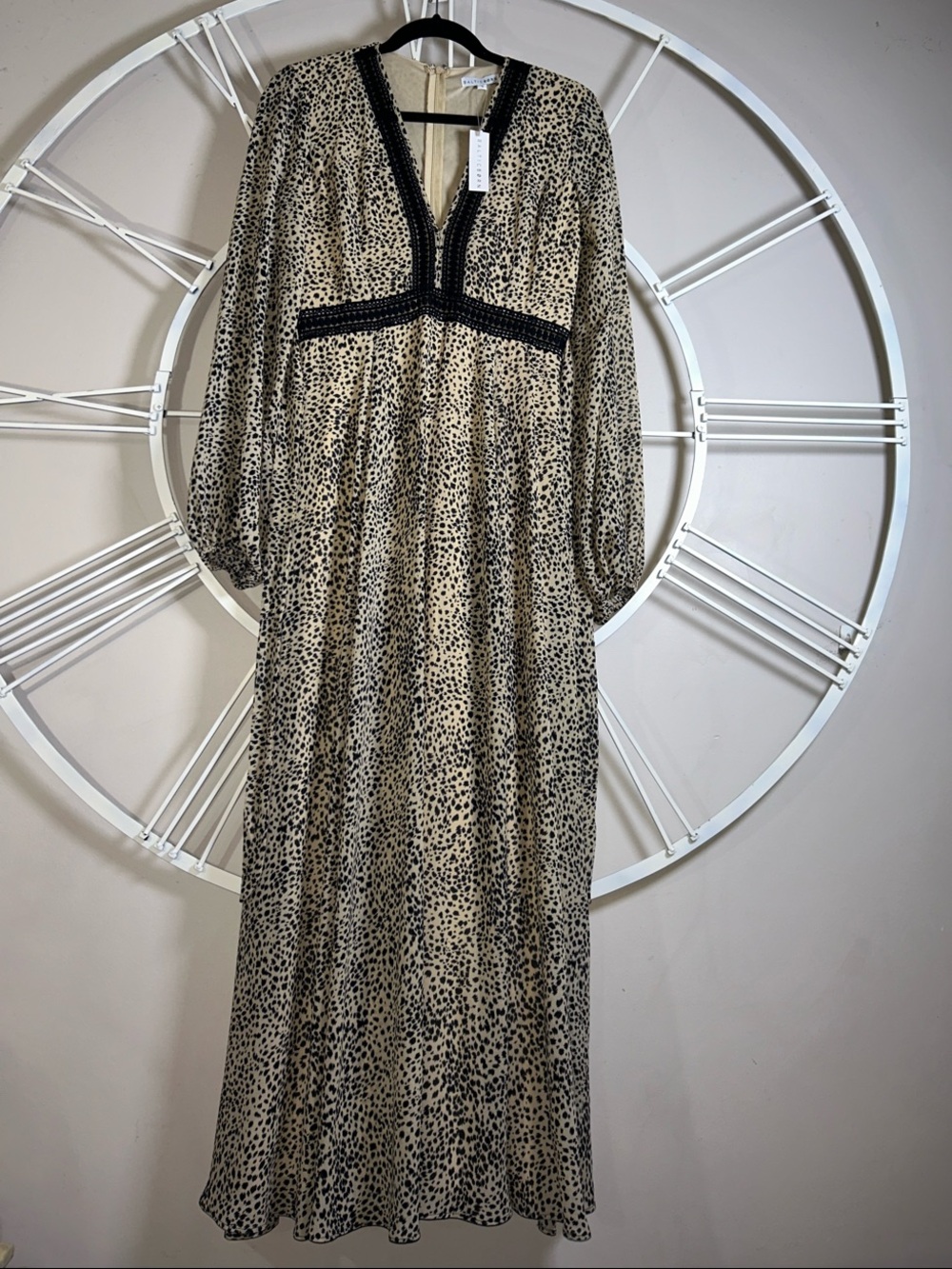 NWT Baltic Born Cha Cha Print Neutral Leopard Maxi Dress Taupe with Black Trim